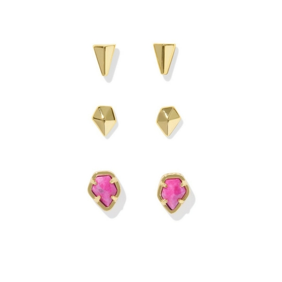Kendra Scott Jensen 14K Gold 3pc Set Fuchsia Variegated Magnesite Stud Earrings - Picture 1 of 4
